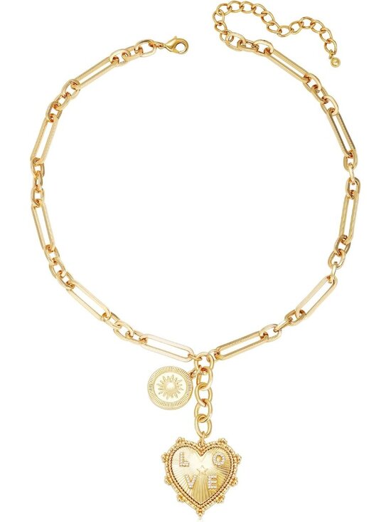 Gold Love Heart Sun Charm Chunky Paperclip Chain for Women Trendy 18K Gold Plate